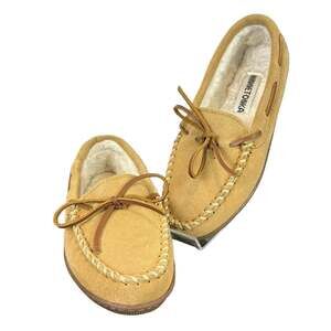 Minnetonka Faux Fur Lined Moccasin Slippers Hard Sole Tan Sz 10